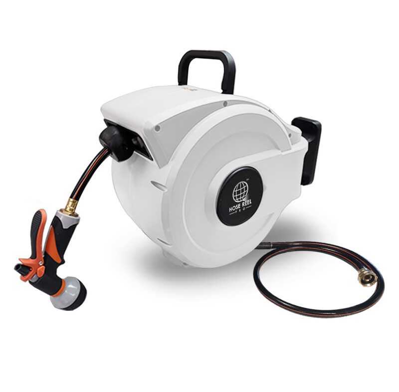 50ft Heavy Duty Retractable Garden Hose Reel – White